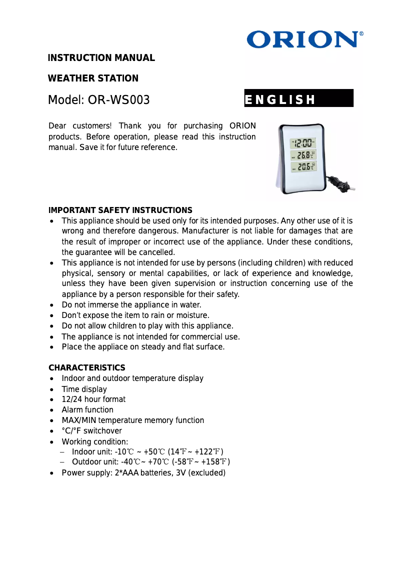 Page 1 de la notice Manuel utilisateur Orion OR-WS003