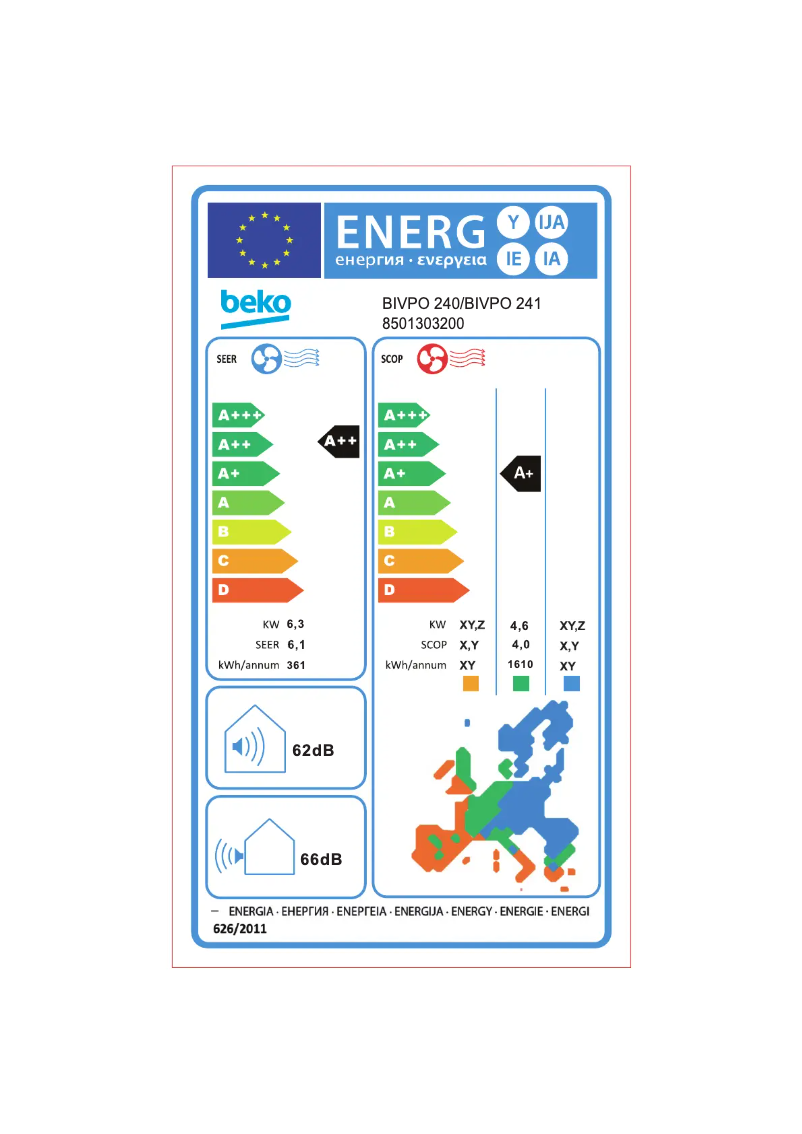 Page 1 de la notice Label énergétique Beko BIVPO 240/ BIVPO 241