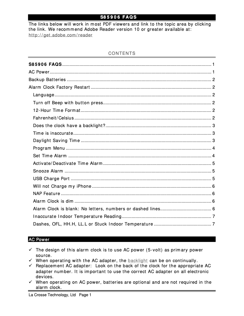 Page 1 de la notice FAQ La Crosse Technology S85906