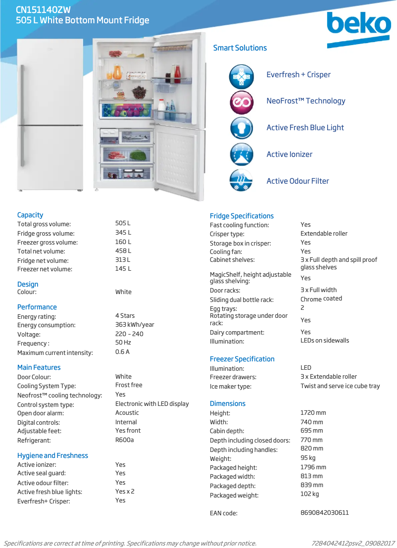 Page 1 de la notice Fiche technique Beko CN151140ZW