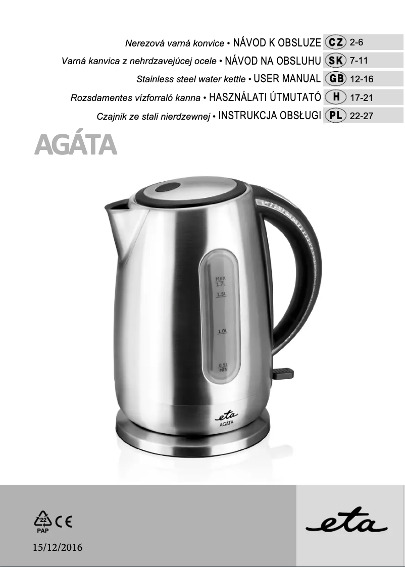 Image de la première page du manuel de l'appareil Agáta 4598 90000