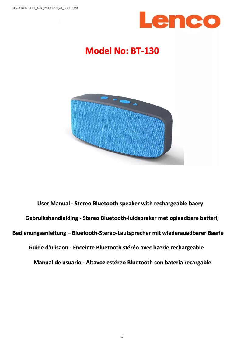 Page 1 de la notice Manuel utilisateur Lenco BT-130