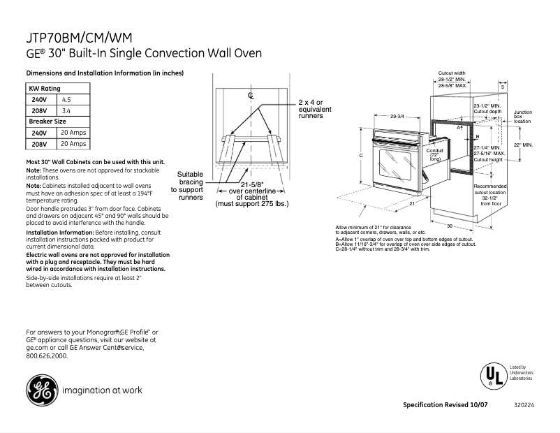 Page n°1 - Fiche technique GE JTP70CMCC
