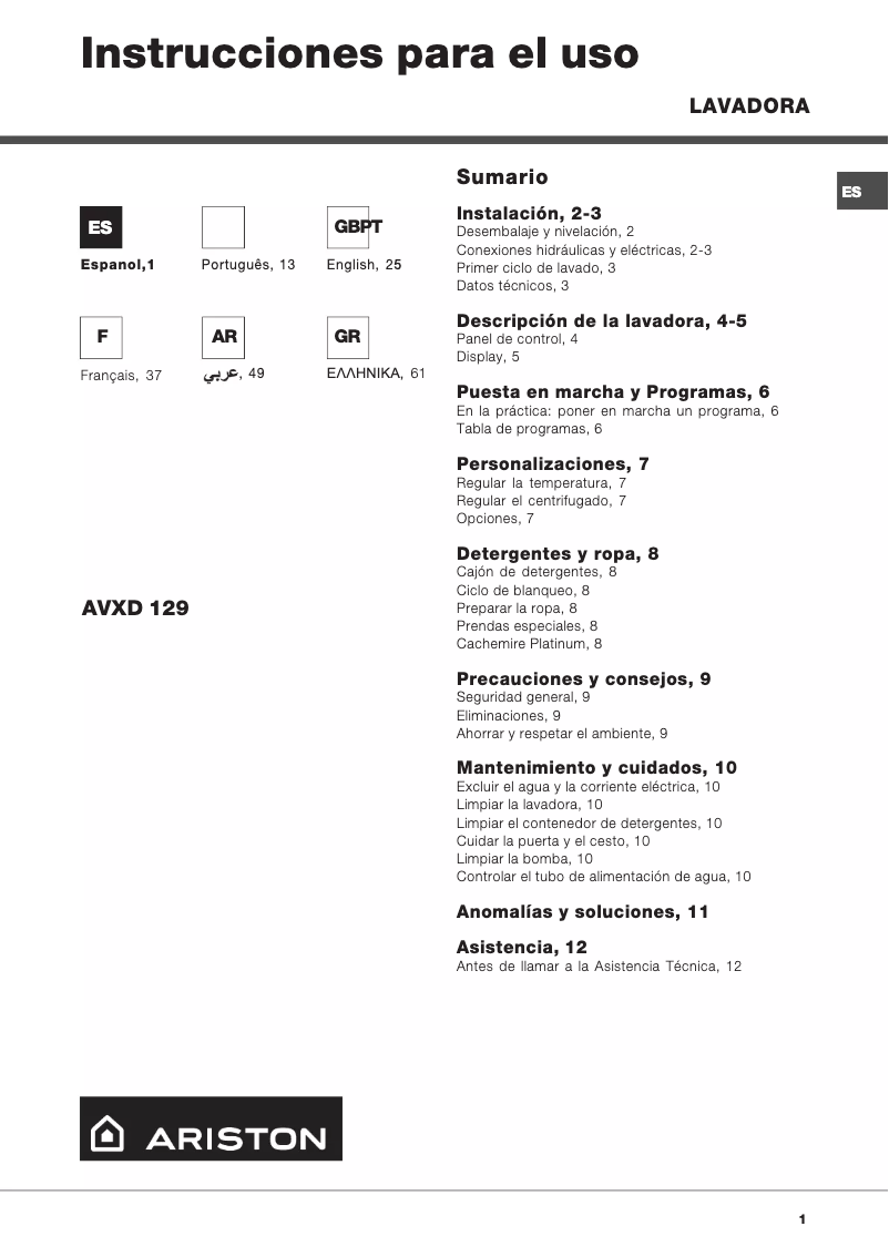 Page n°1 - Manuel utilisateur Ariston Thermo AVXD129