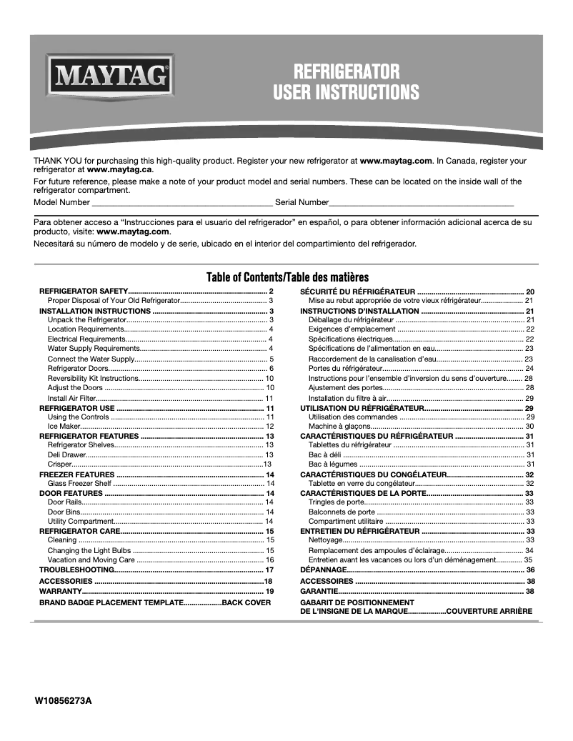 Page 1 de la notice Manuel d'utilisation et d'entretien Maytag MRT311FFF