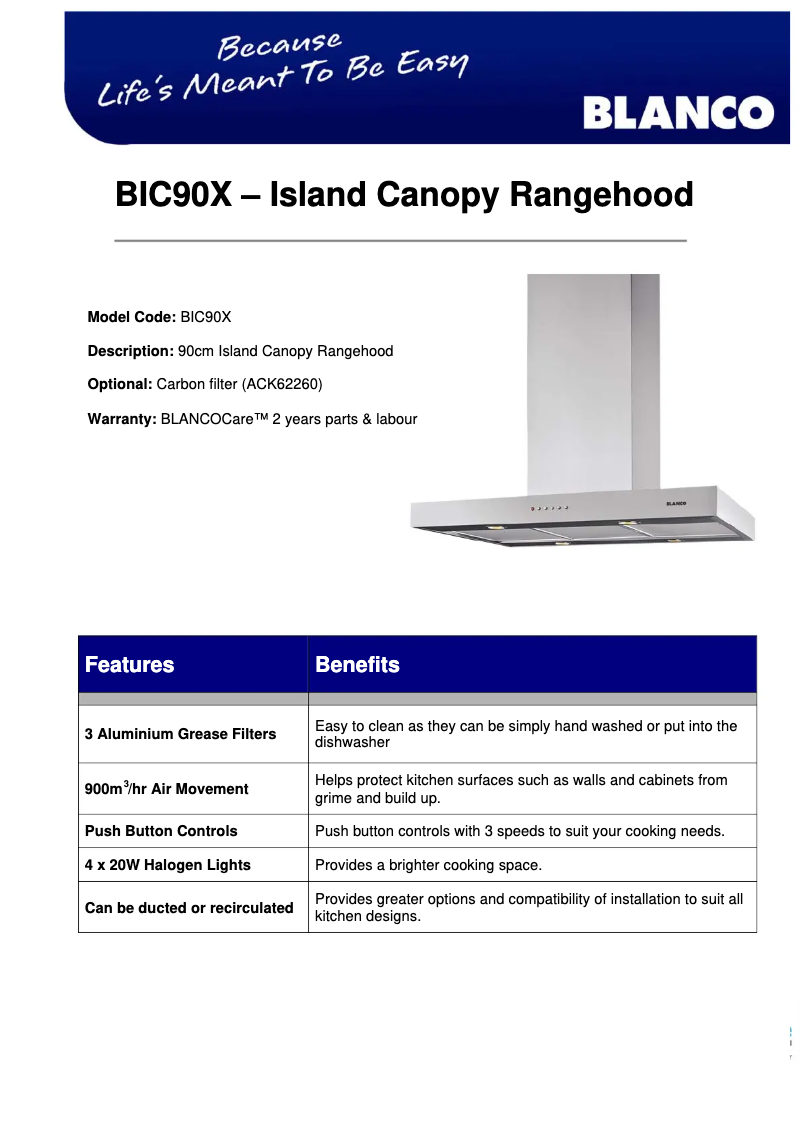 Page 1 de la notice Fiche technique BLANCO BIC90X