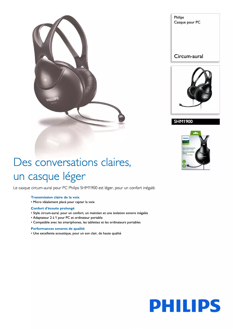 Page 1 de la notice Fiche technique Philips SHM1900