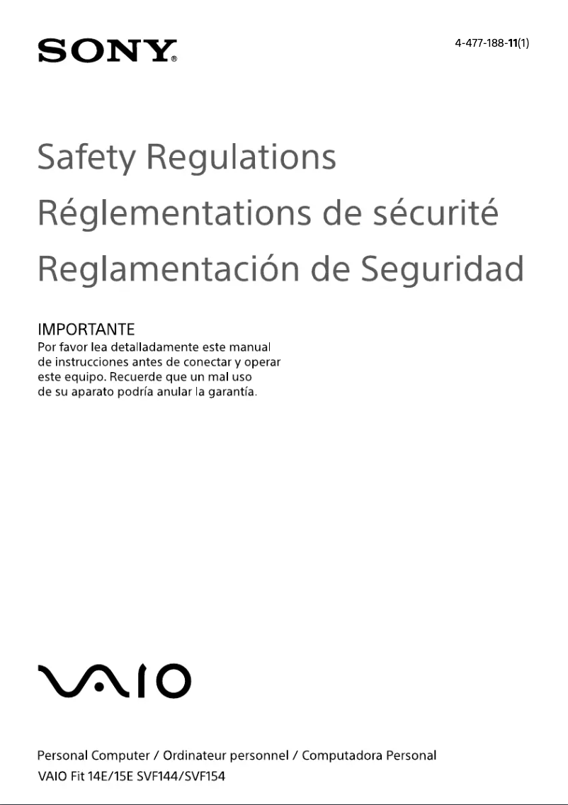 Image de la première page du manuel de l'appareil Vaio Fit 15 SVF15416CXB