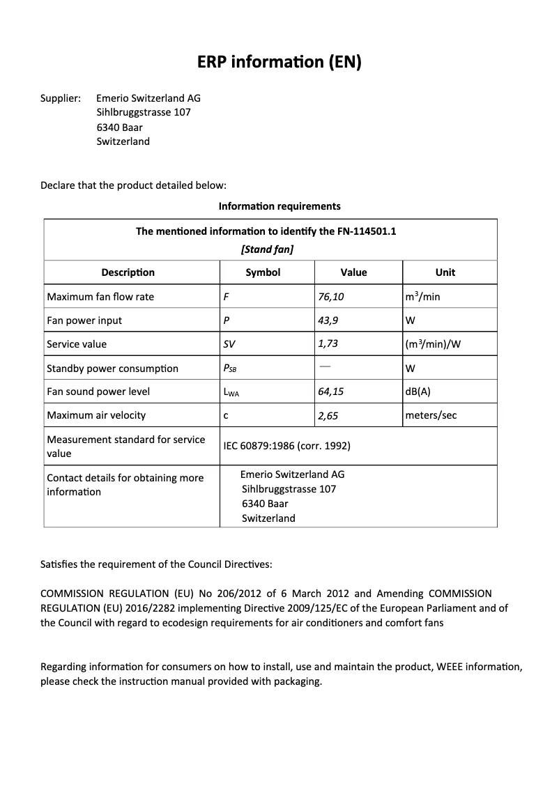 Page 1 de la notice Fiche technique Emerio FN-114501.1