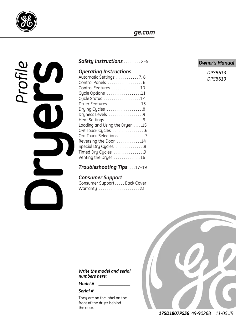 Page n°1 - Manuel d'utilisation et d'entretien GE Profile DPSB613EDWW