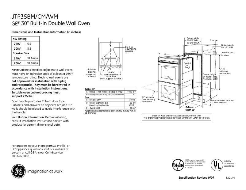 Page n°1 - Fiche technique GE JTP35CMCC