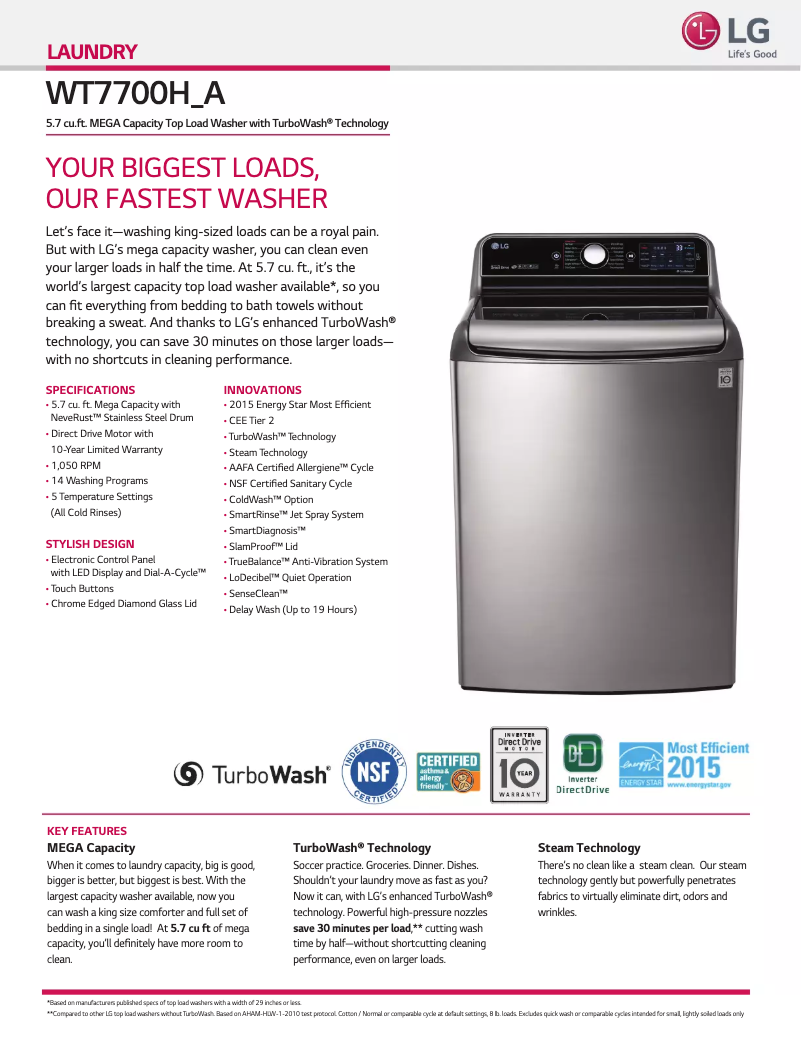 Page n°1 - Fiche technique LG TurboWash WT7700HA