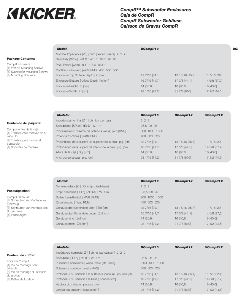 Page 1 de la notice Manuel utilisateur Kicker DCompR10