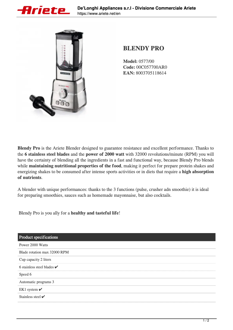 Page 1 de la notice Fiche technique Ariete Blendy Pro 577