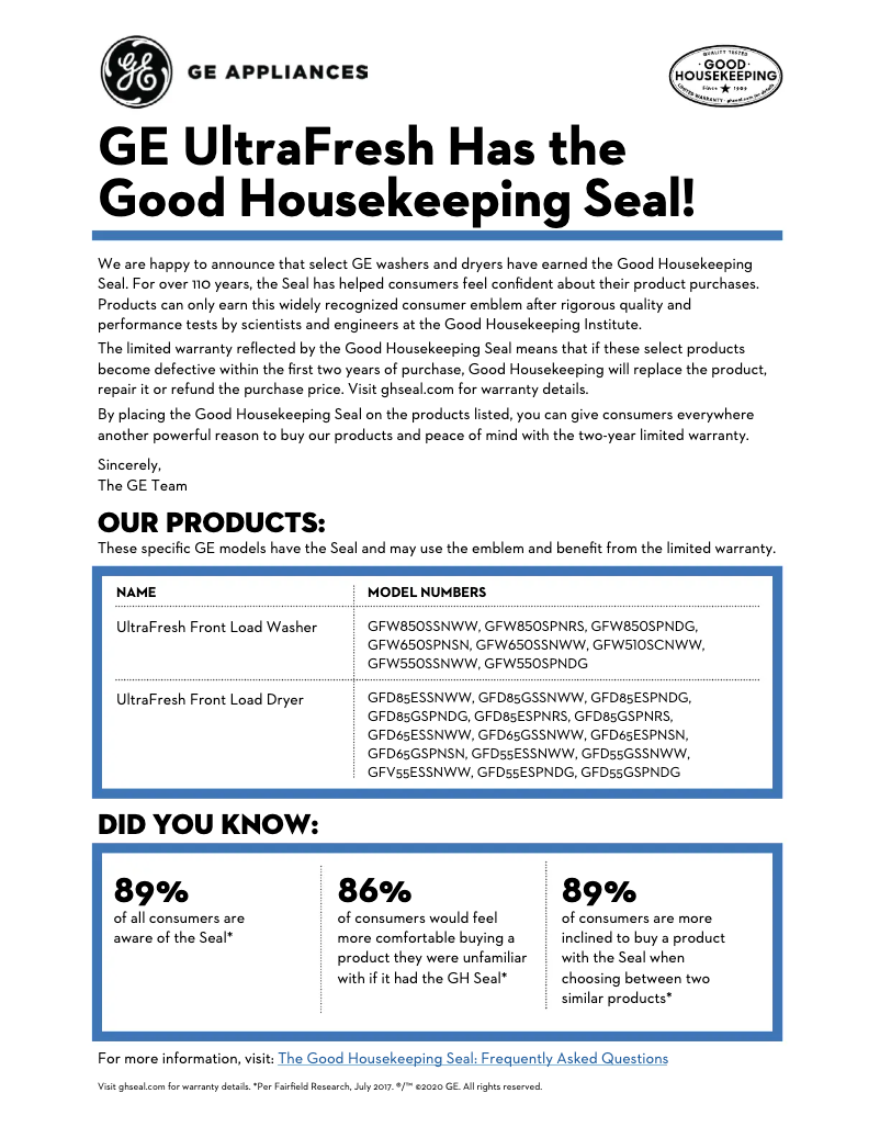 Page 1 of the manual Warranty Information GE GFW850SPNRS