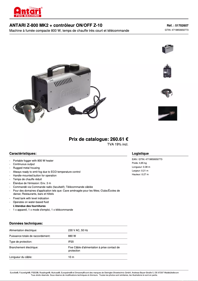 Page 1 de la notice Fiche technique Antari Z-800 MK2