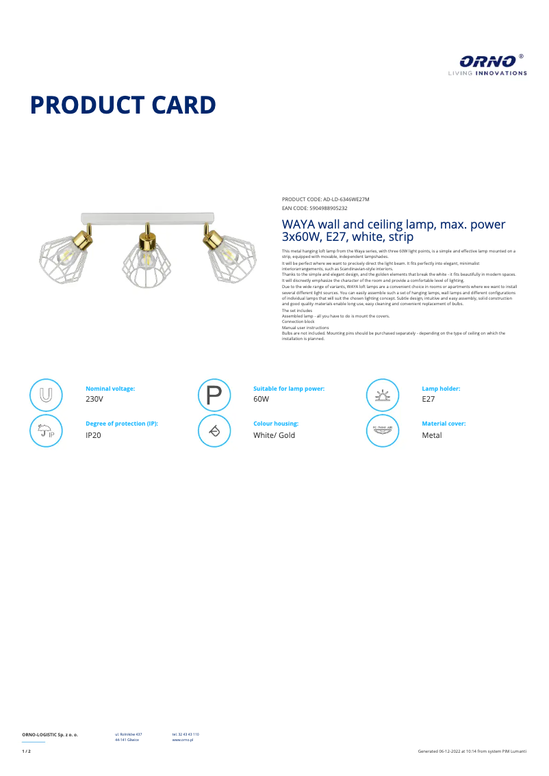 Page n°1 - Fiche technique Adviti AD-LD-6346WE27M