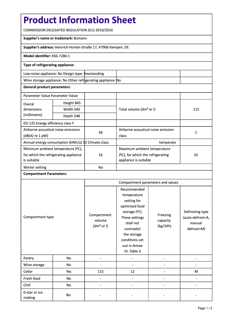 Page n°1 - Fiche technique Bomann KSG 7284.1