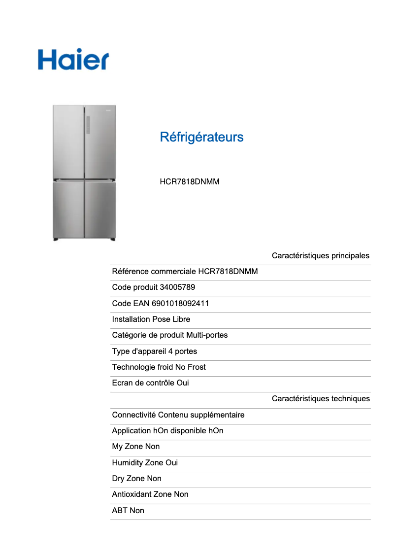 Page n°1 - Label énergétique Haier HCR7818DWPT