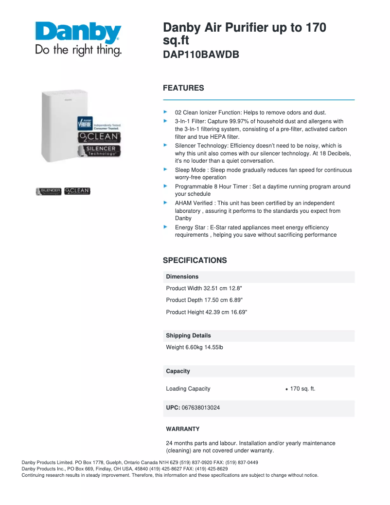 Page 1 de la notice Fiche technique Danby DAP110BAWDB