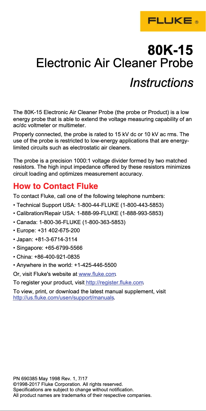 Page 1 de la notice Instructions / montage Fluke 80K-40