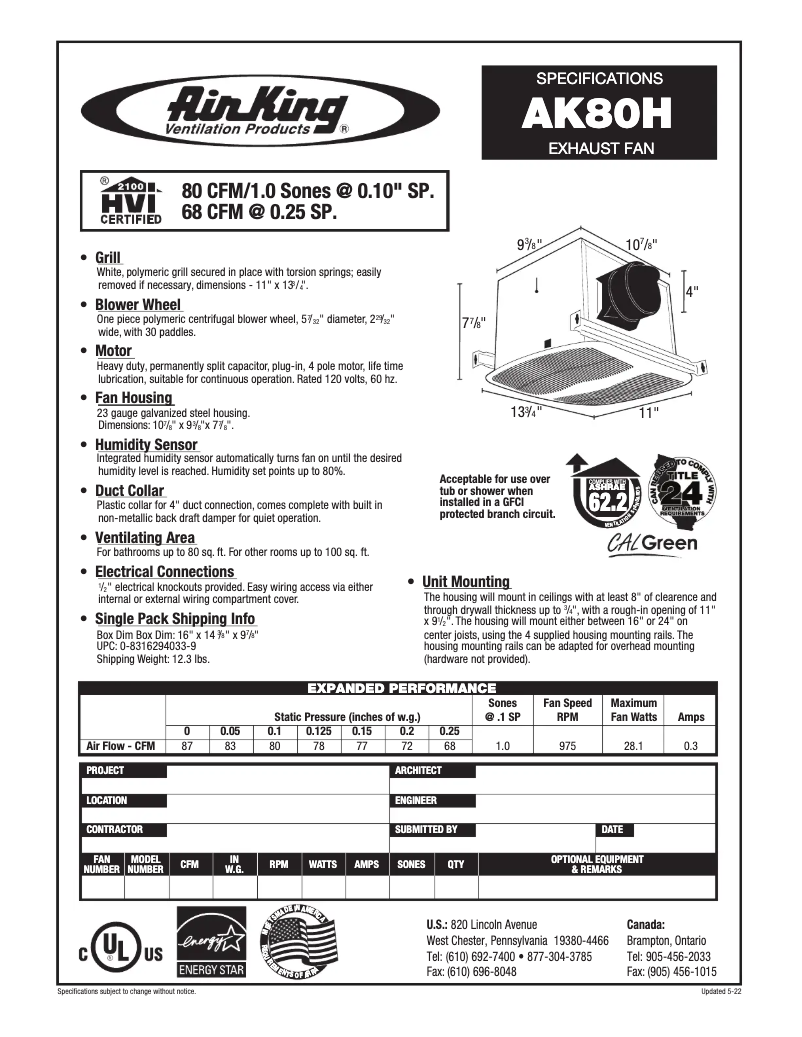 Page n°1 - Fiche technique Air King AK80H