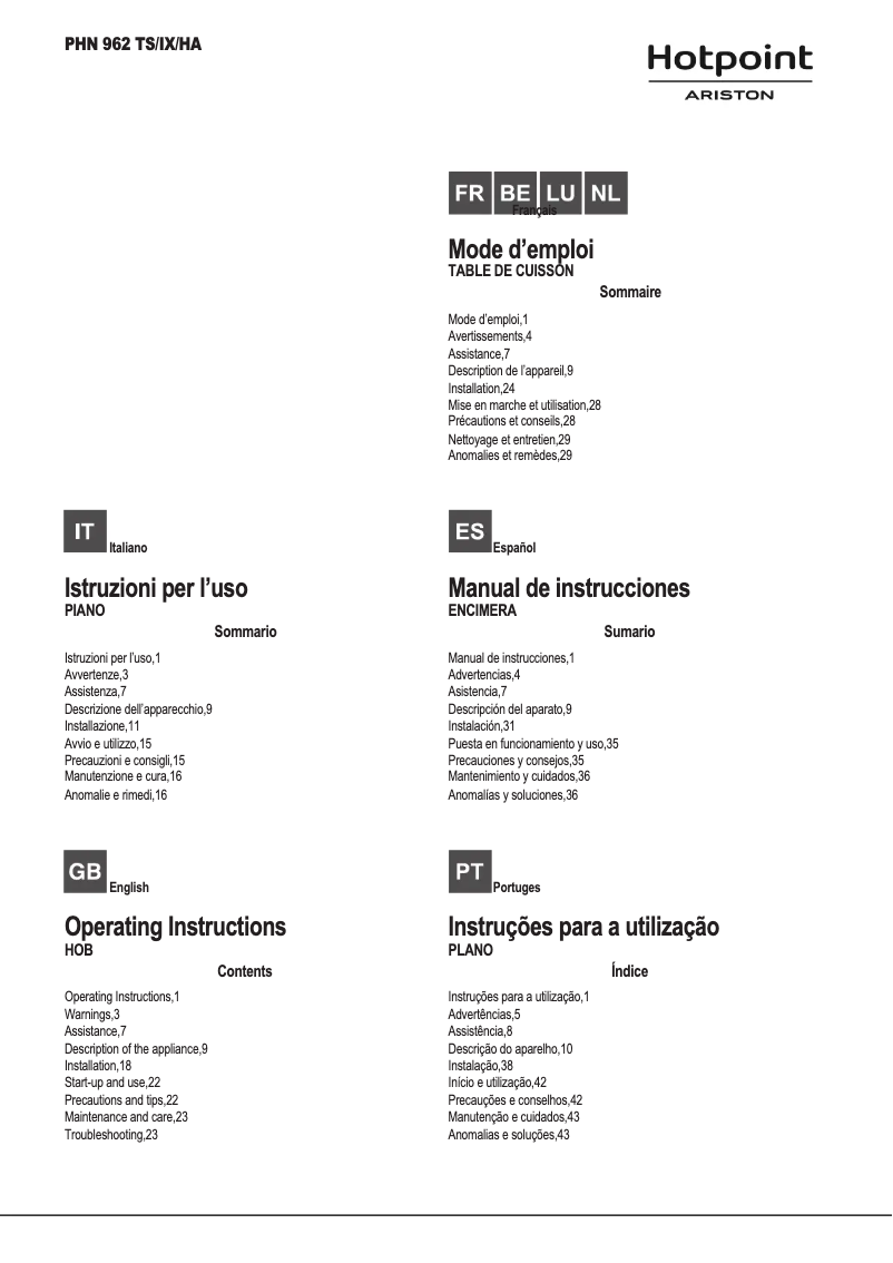 Page 1 de la notice Manuel utilisateur Hotpoint Ariston PHN 962 TS/IX/HA