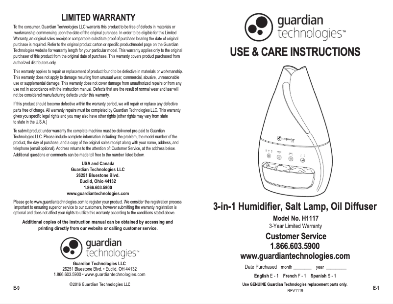 Página 1 del manual Manual de uso y mantenimiento PureGuardian H1117