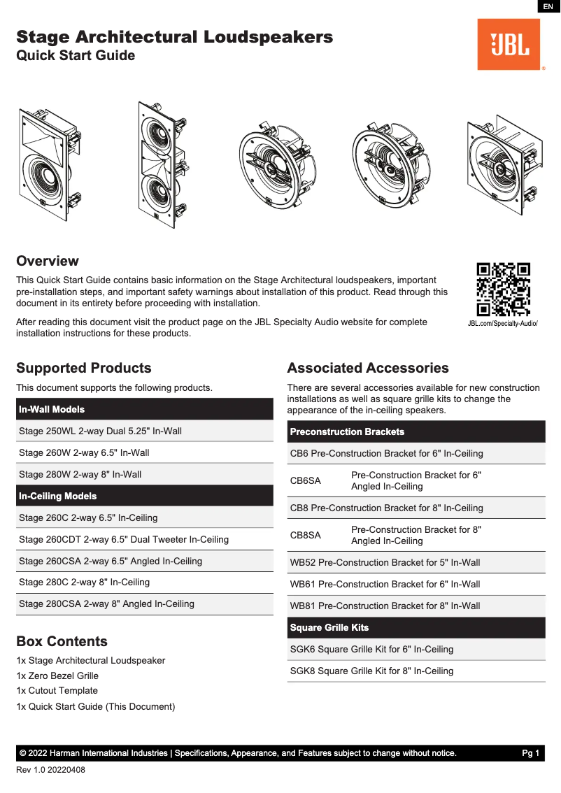 Page 1 de la notice Guide de démarrage rapide JBL Stage 250WL