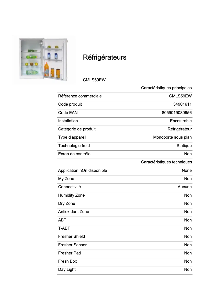Page 1 de la notice Fiche technique Candy CMLS59EW