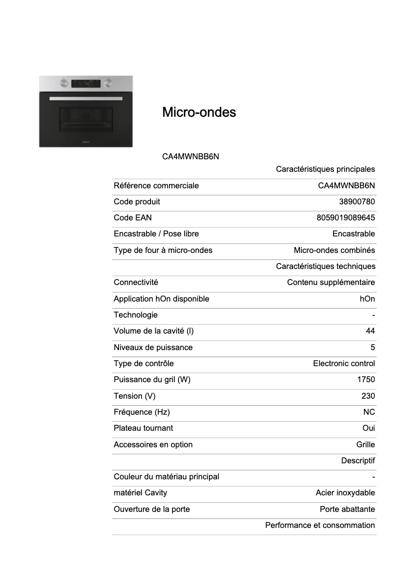 Page 1 de la notice Fiche technique Candy CA4MWNBB6N