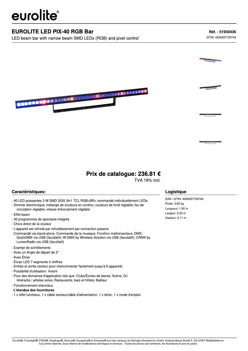 Page 1 de la notice Fiche technique Eurolite LED PIX-40