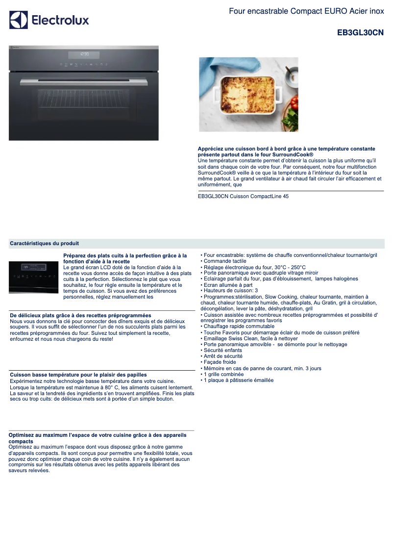 Page 1 de la notice Fiche technique Electrolux EB3GL30CN