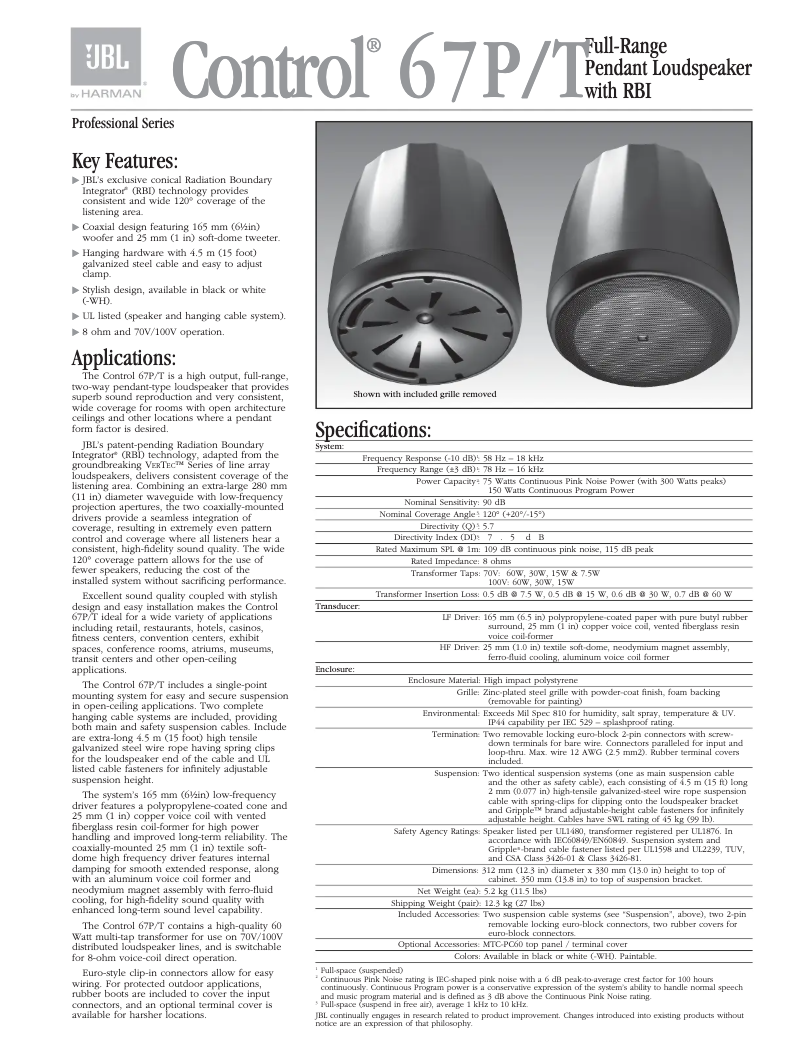 Page n°1 - Manuel utilisateur JBL Control 67P/T