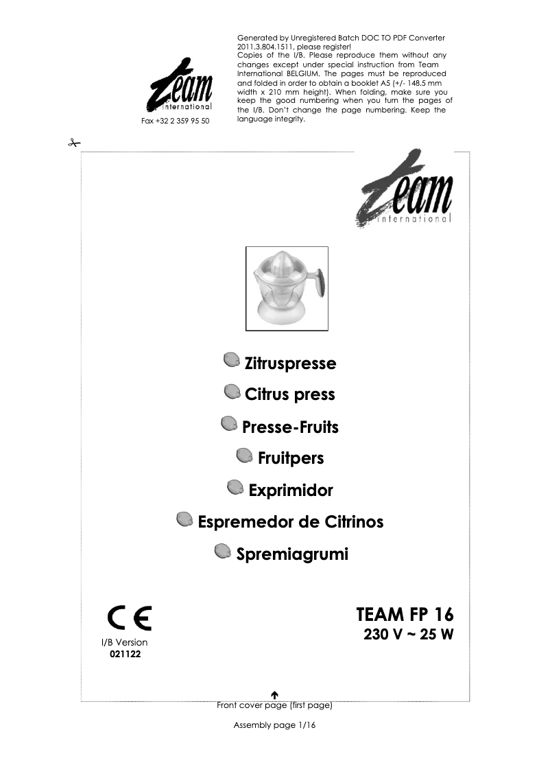 Page 1 de la notice Manuel utilisateur Team FP 16