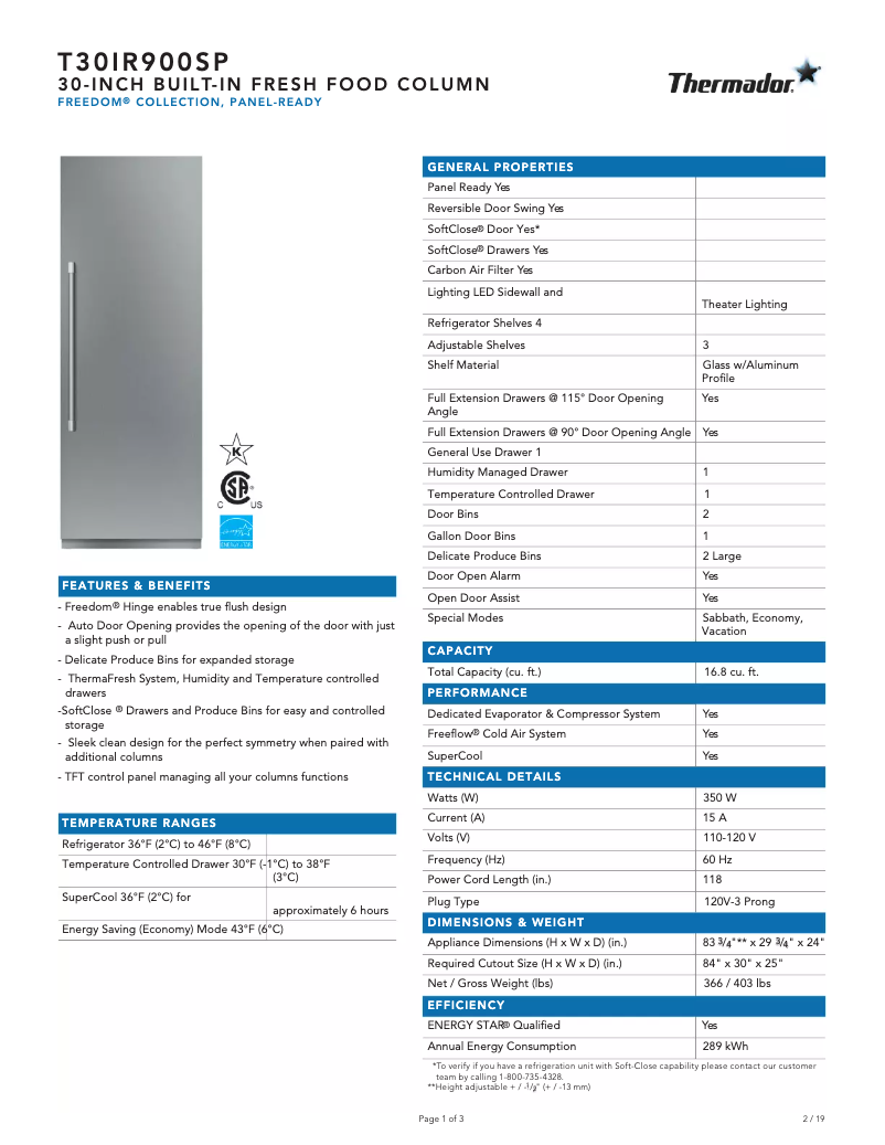 Page 1 de la notice Fiche technique Thermador T30IR900SP