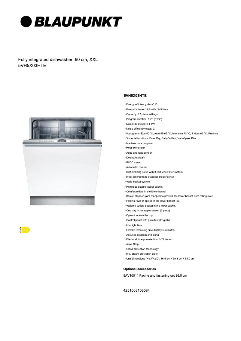 Page n°1 - Fiche technique Blaupunkt 5VH5X03HTE