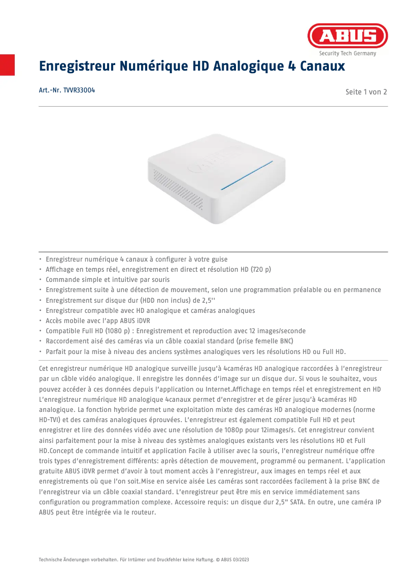 Page 1 de la notice Fiche technique Abus TVVR33004