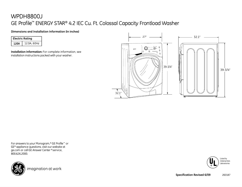 Página 1 del manual Ficha técnica GE Profile WPDH8800JMV