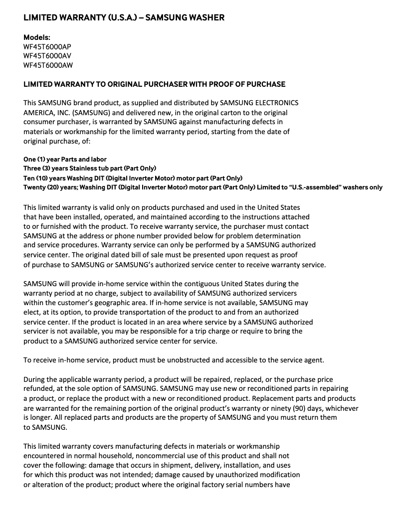 Page 1 de la notice Informations de garantie Samsung WF45T6000AV