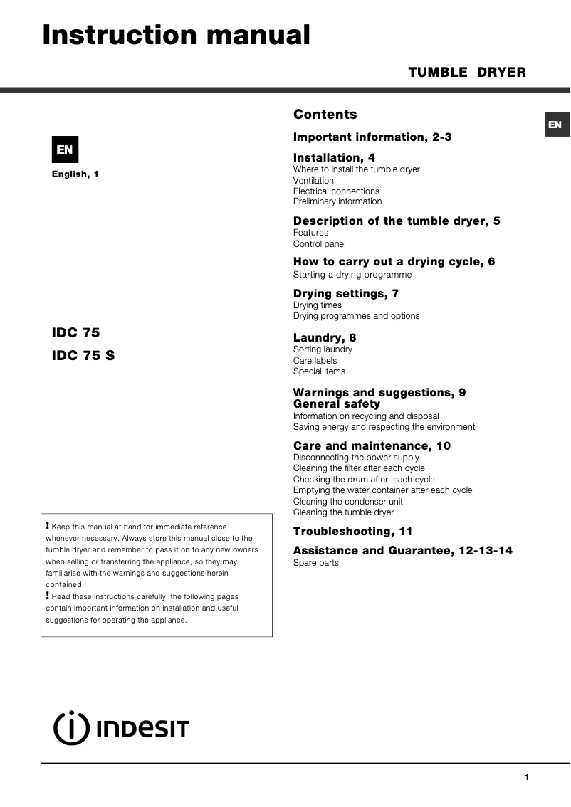 Page 1 de la notice Manuel utilisateur Indesit IDC 75 S (UK)