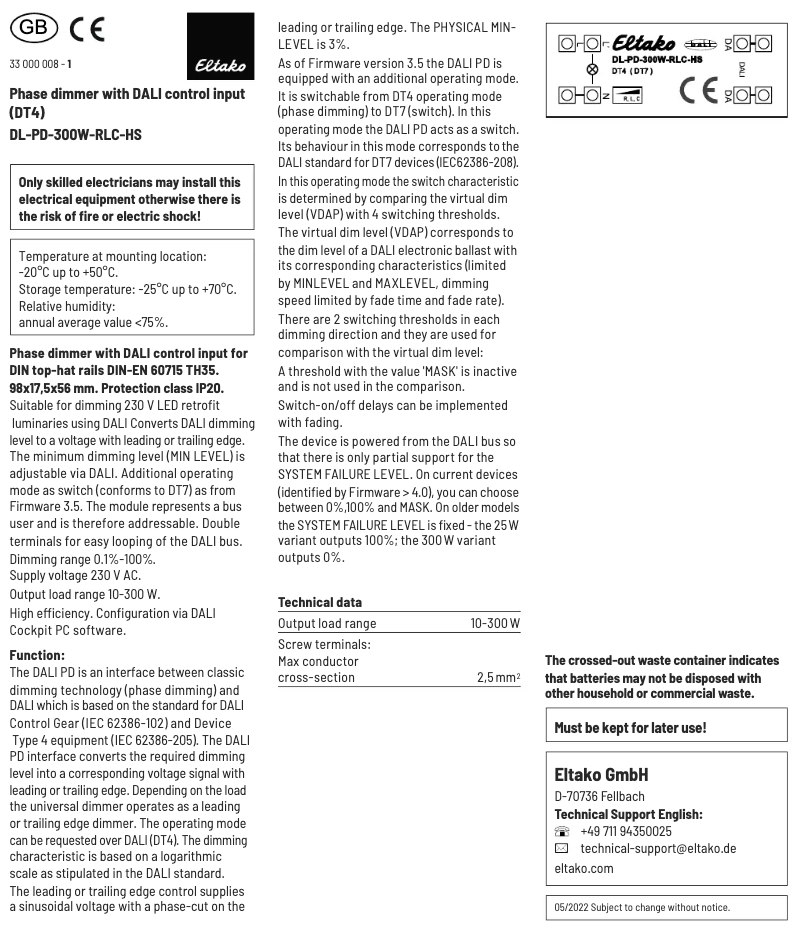 Page 1 de la notice Manuel utilisateur Eltako DL-PD-300W-RLC-HS