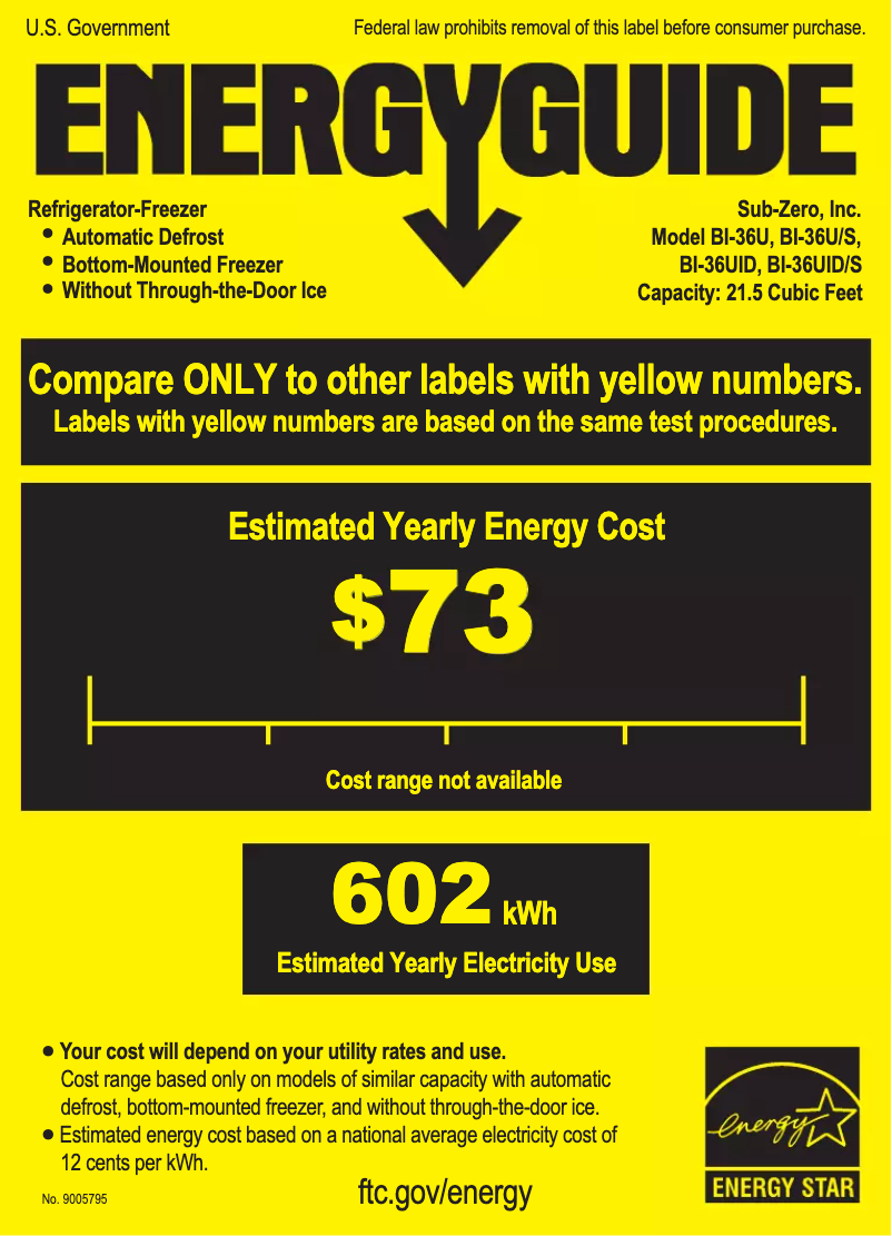 Page 1 de la notice Label énergétique Sub-Zero BI-36U/S/TH-LH