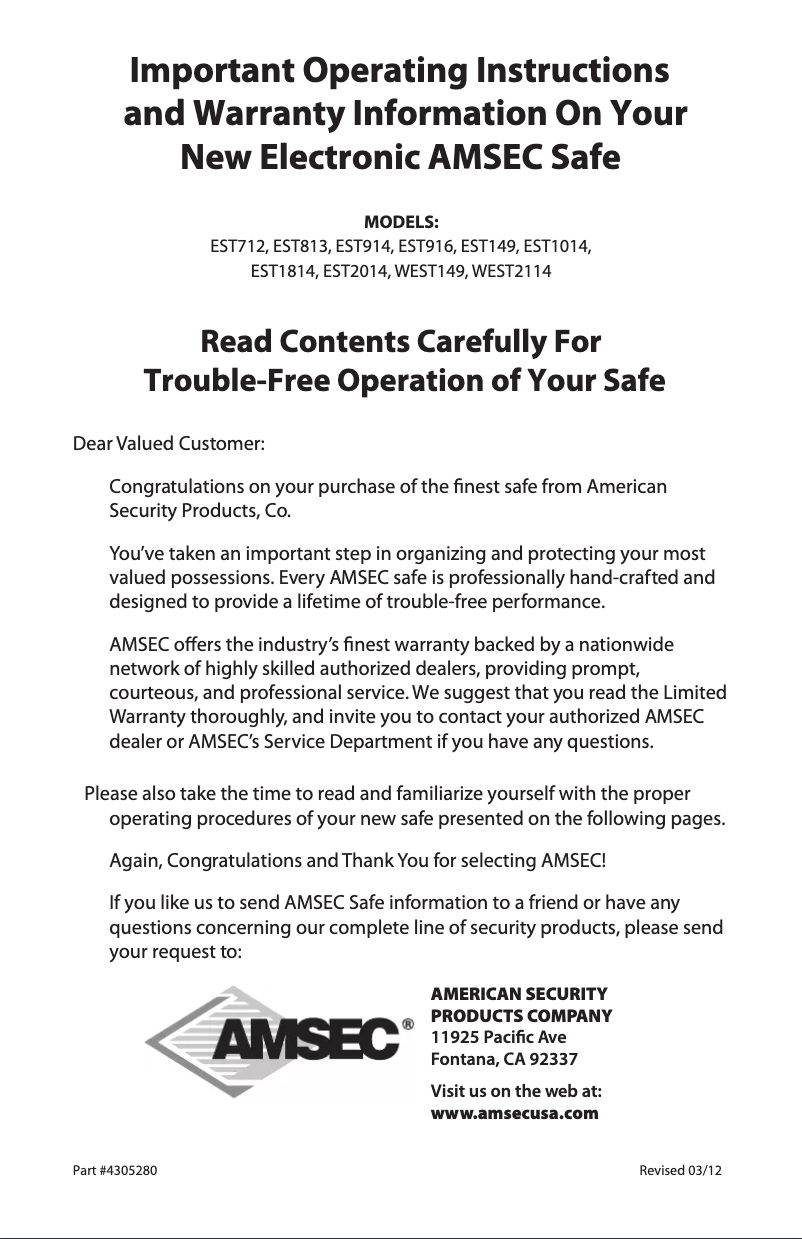 Page 1 de la notice Manuel utilisateur AMSEC WEST2114