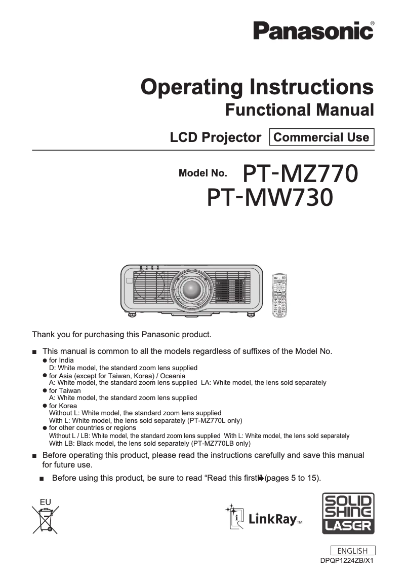 Page 1 de la notice Manuel utilisateur Panasonic PT-MZ770