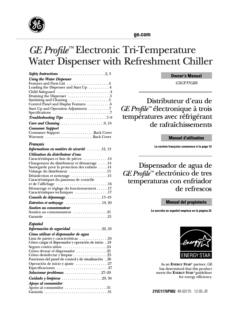 Image de la première page du manuel de l'appareil Profile GXCF35GBS