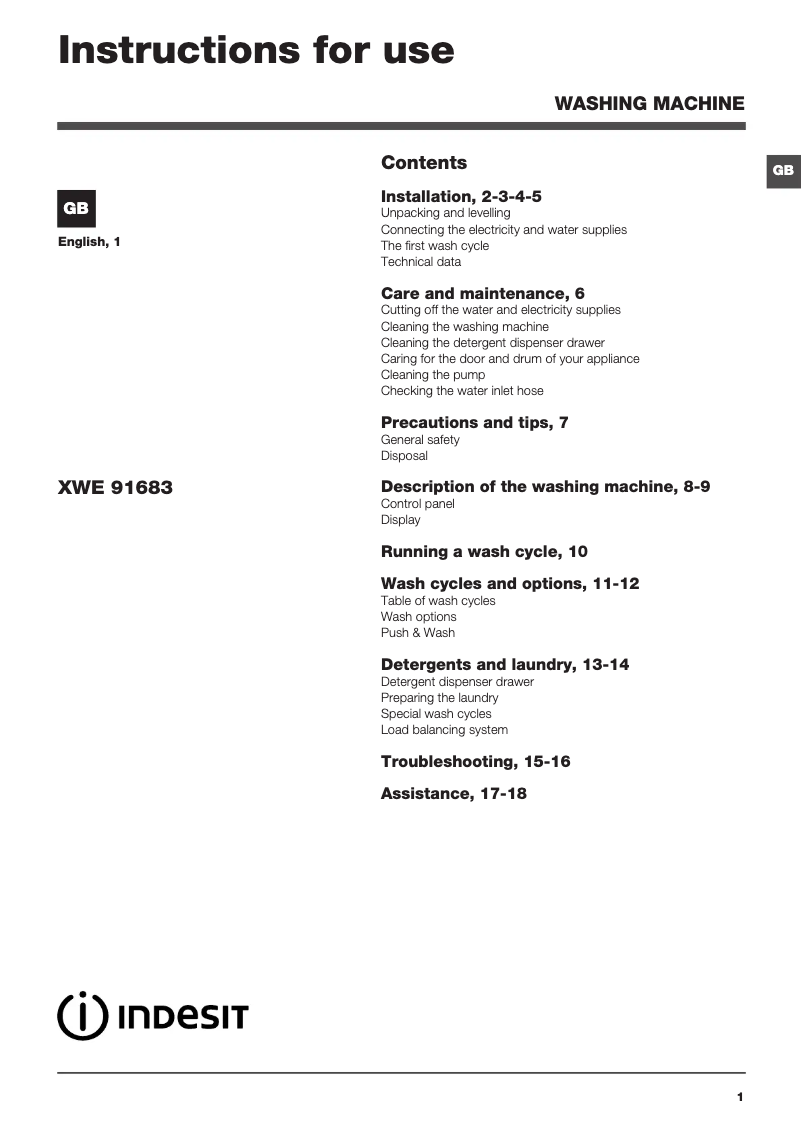 Page 1 de la notice Instructions / montage Indesit XWE 91683X WWWG UK