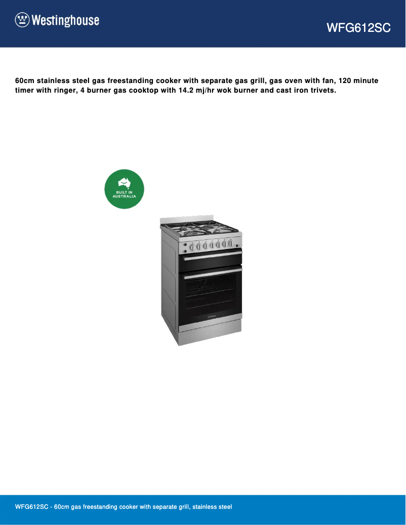 Page 1 de la notice Fiche technique Westinghouse WFG612SC
