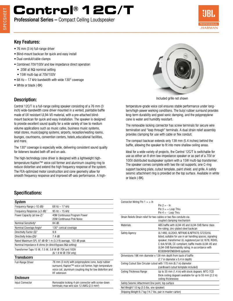 Page 1 de la notice Fiche technique JBL Control 12C/T