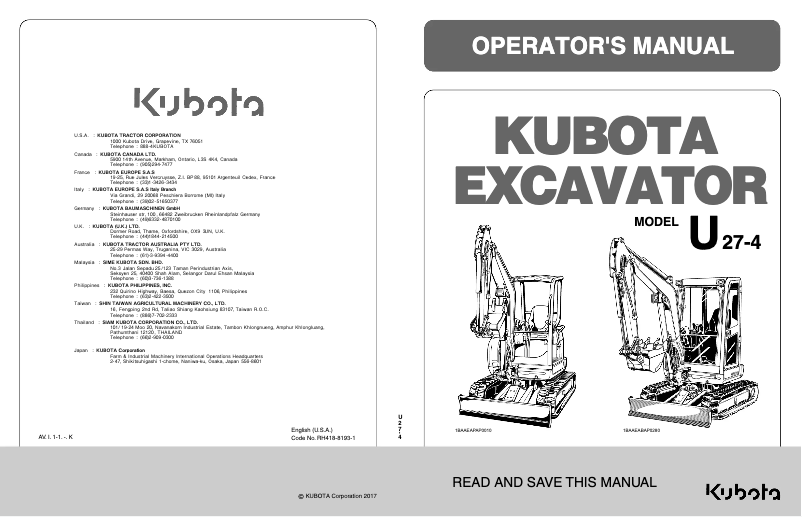 Page 1 de la notice Manuel utilisateur Kubota U27-4G